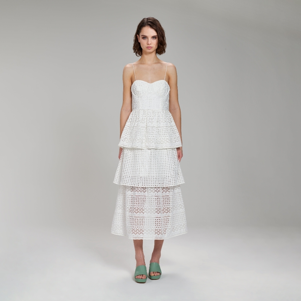 Self Portrait white cotton broderie anglaise midi dress